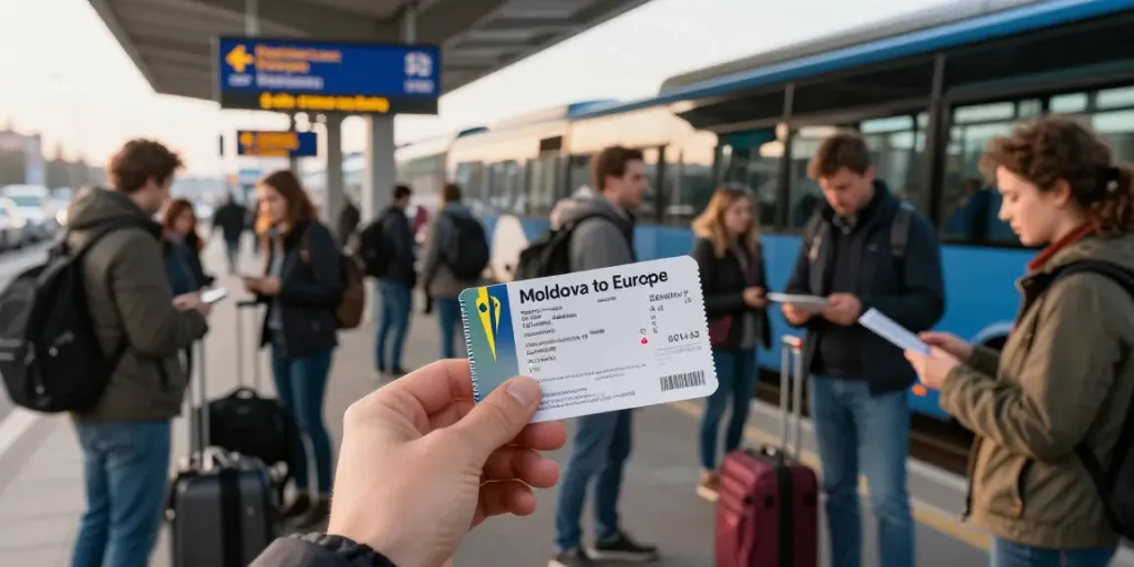 Transport Moldova Europa: călător la stația de autobuz, pregătit pentru plecare.