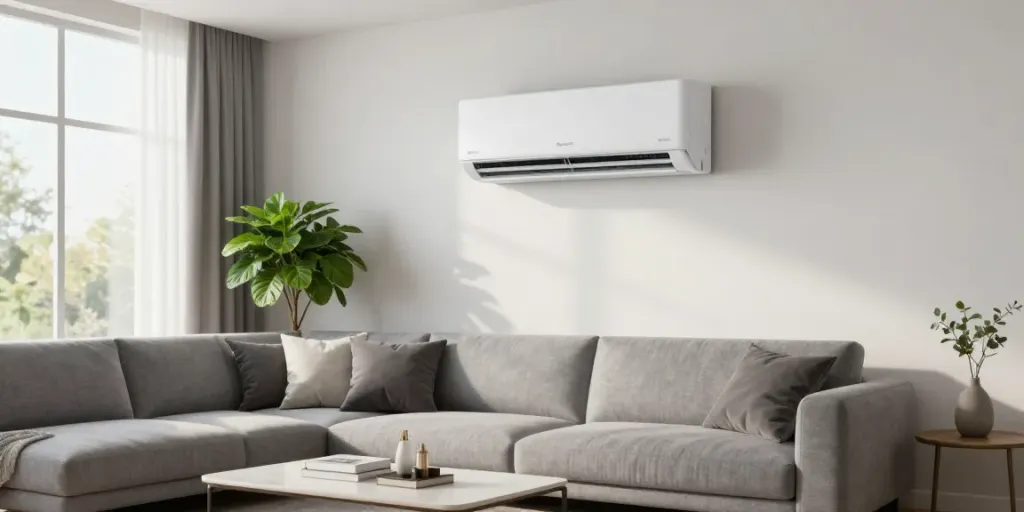 Cozy living room with a 24k BTU mini split air conditioner and modern decor.