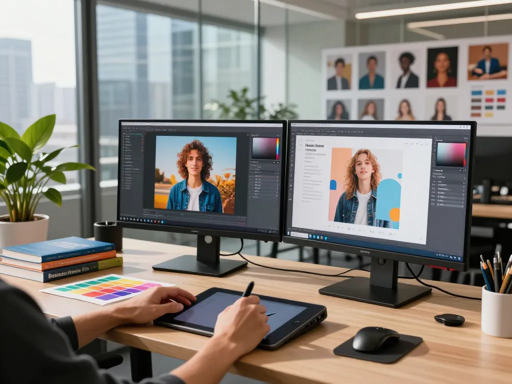 Creative workspace featuring nano banana pro with a graphic designer at a high-tech workstation.
