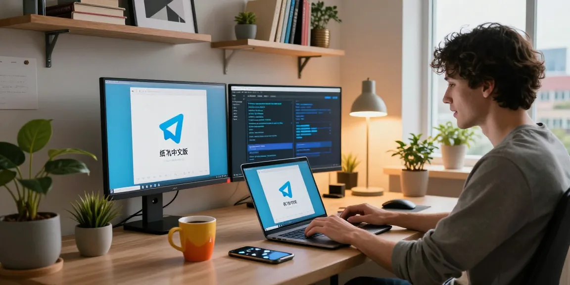 Dynamic workspace featuring a user engaging with the 纸飞机中文版 app on dual monitors, creating a productive tech atmosphere.