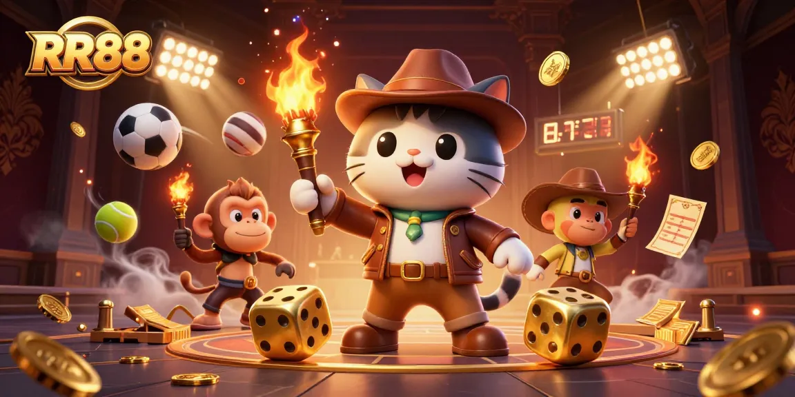 Engage with RR88’s thrilling gaming experience featuring an adventurous explorer cat in a lush casino setting.