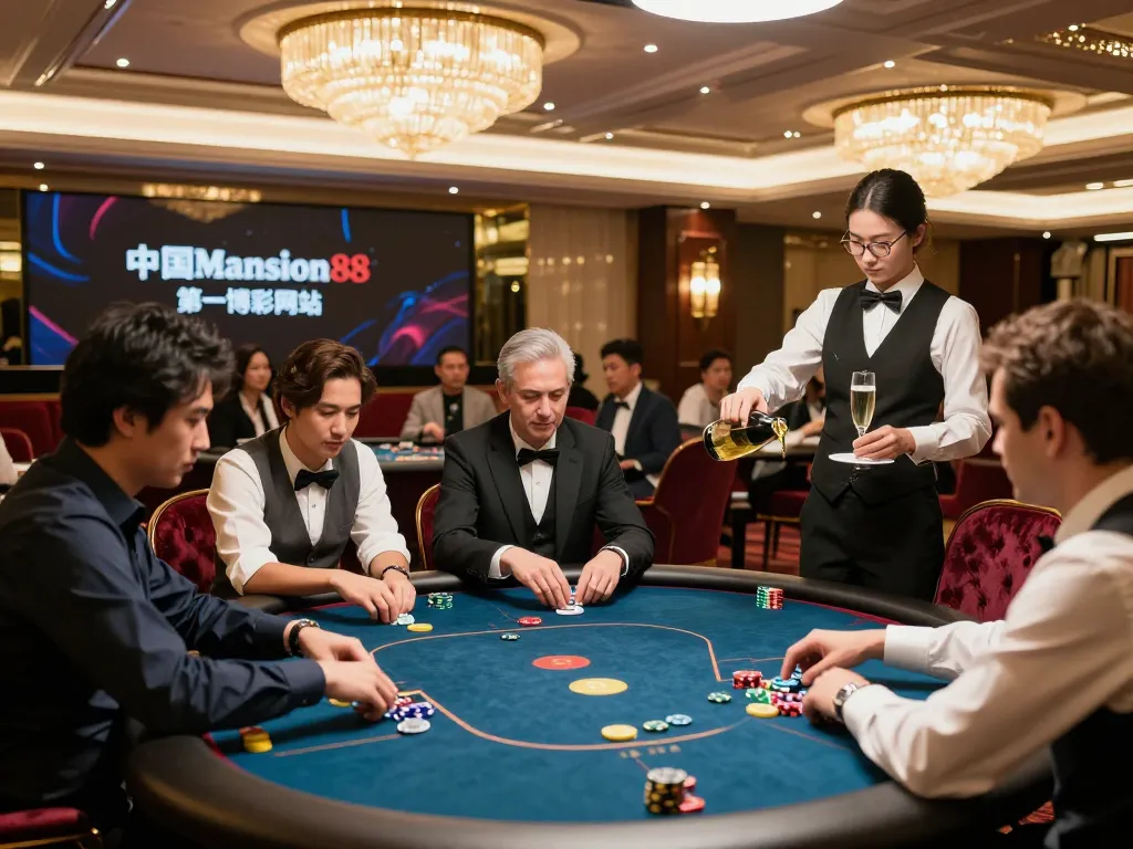 參與者在中國 Mansion88 第一博彩網站的 VIP 環境中享受德州扑克，展現高額賭博的奢華和刺激