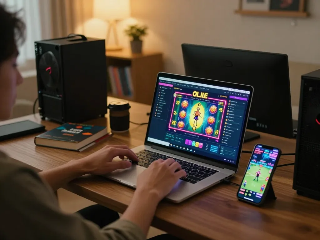 Engaging with Slot Online on multiple devices, showcasing vibrant gameplay and strategy in a cozy environment.