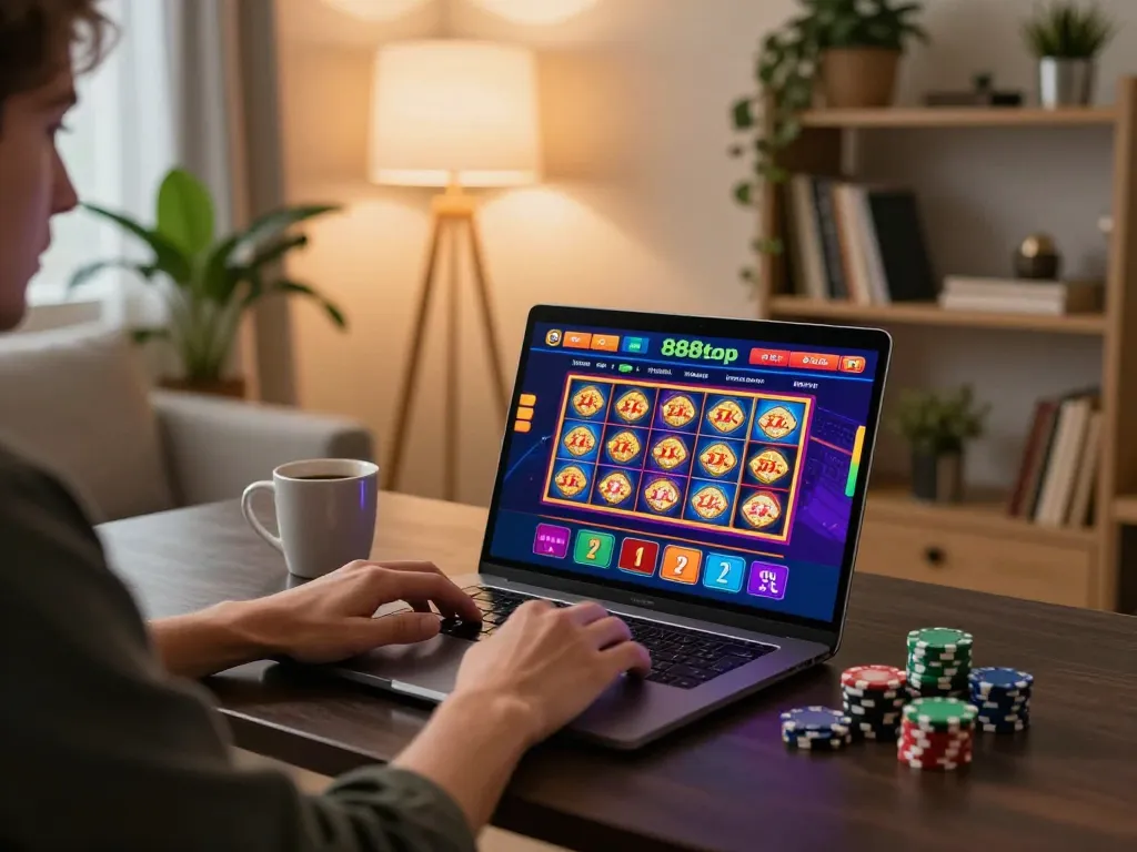 Engaging online gamer using 888top platform on laptop, surrounded by poker chips and a cozy atmosphere.