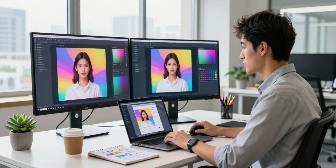 Creating an ai prompt image in a modern office with vibrant AI-generated visuals.