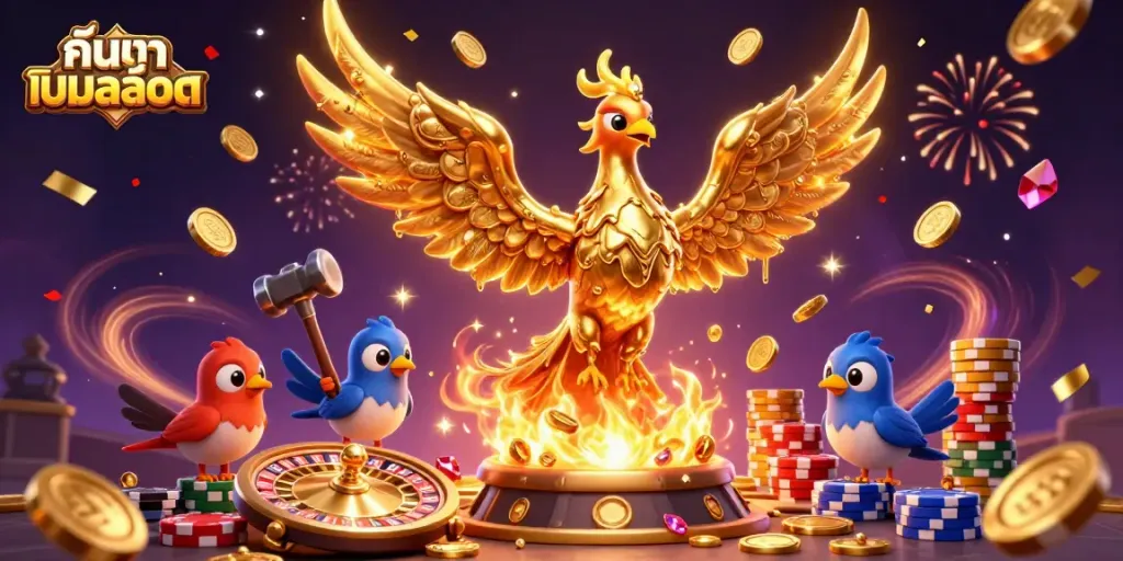 Engage in thrilling gameplay with ค้นหาเกมสล็อต featuring a golden phoenix and dynamic casino elements.