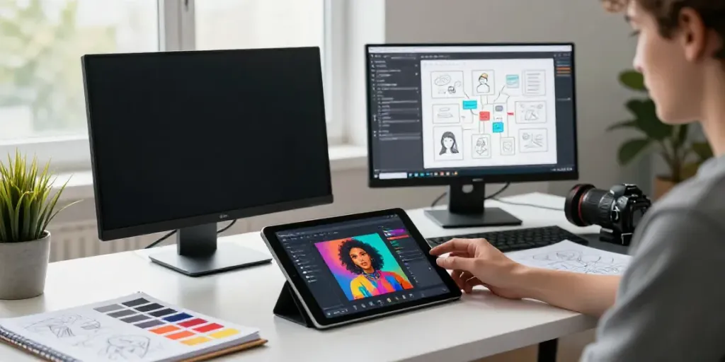 Designers leveraging AI text to image generator in a modern workspace filled with vibrant art.