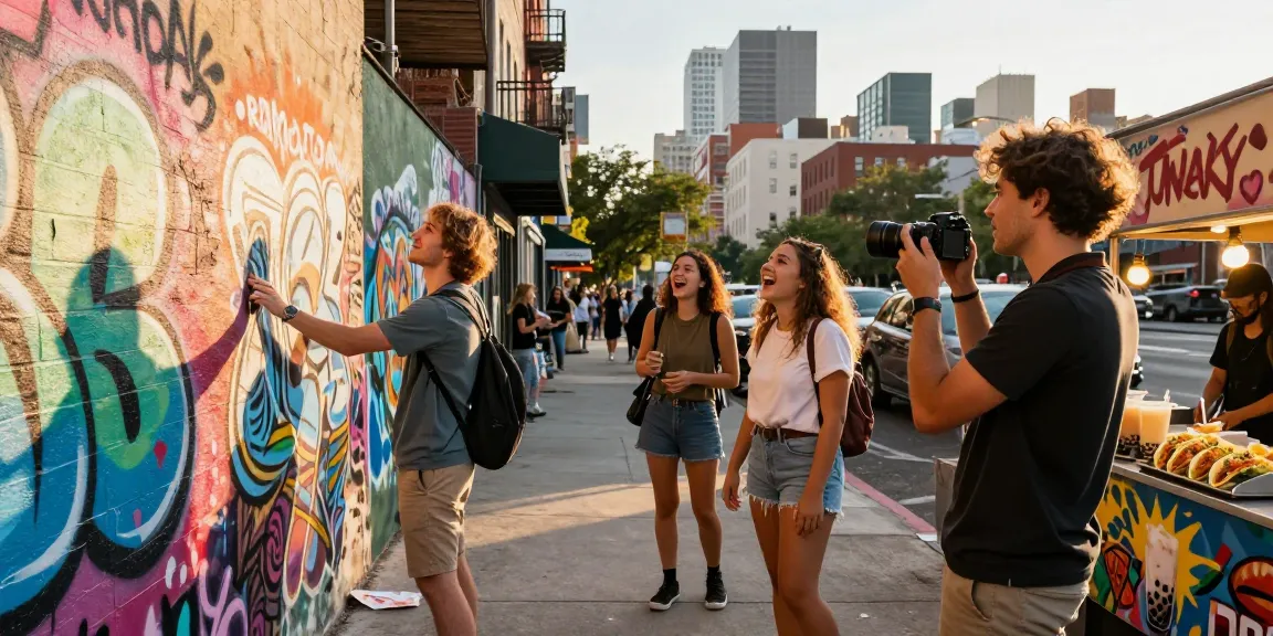 Group of friends exploring vibrant city streets, engaging with street art and local food, showcasing urban adventure.