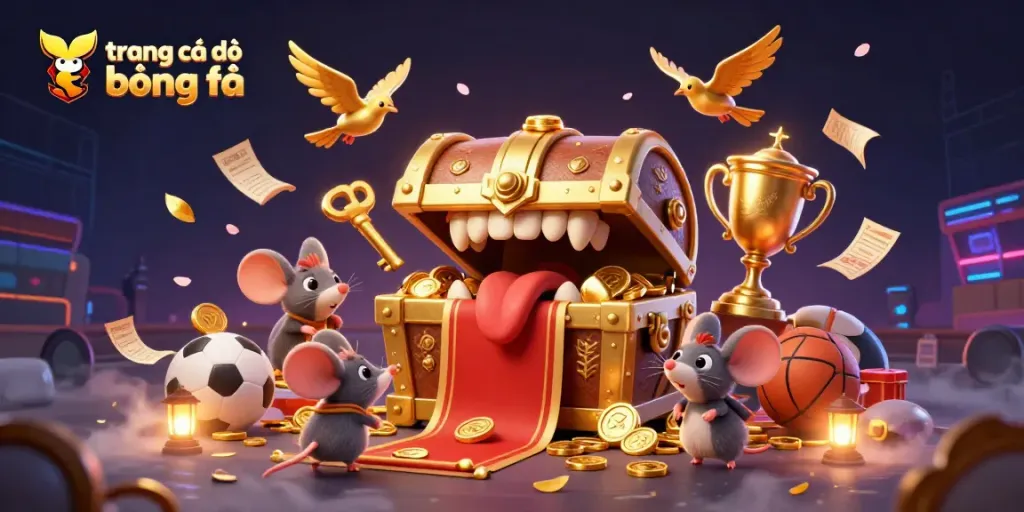 Engaging scene of trang cá độ bóng đá featuring a treasure chest and spirited adventurer mice surrounded by vibrant sports betting elements.