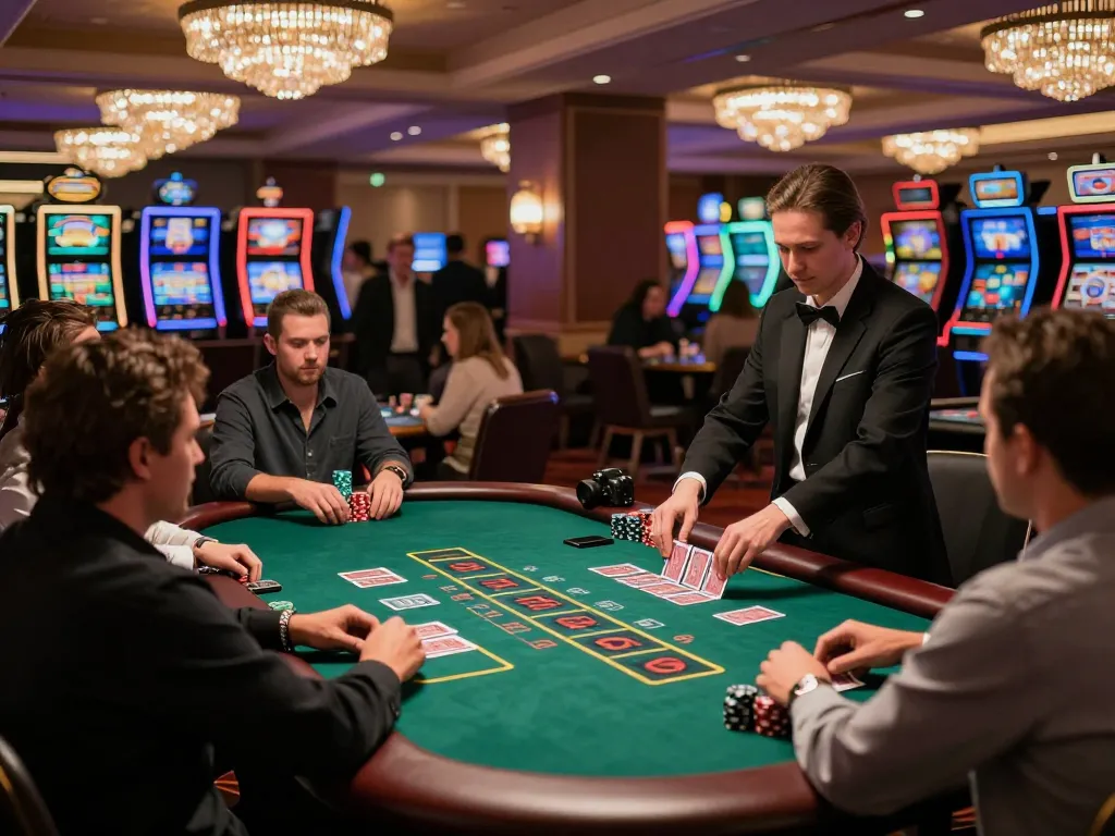 Players strategize at a blackjack table in a luxury casino, depicting the hidden wiki dark web of online gambling.