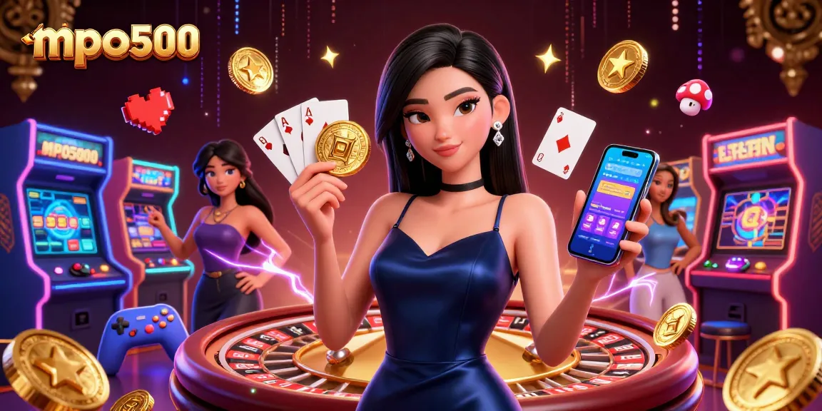 Experience excitement with mpo500 as an Asian woman showcases her casino prowess, holding chips and a mobile app.