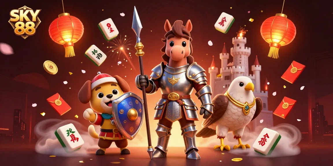 Engage with SKY 88 through a vibrant gaming adventure featuring knights, lucky symbols, and festive elements.
