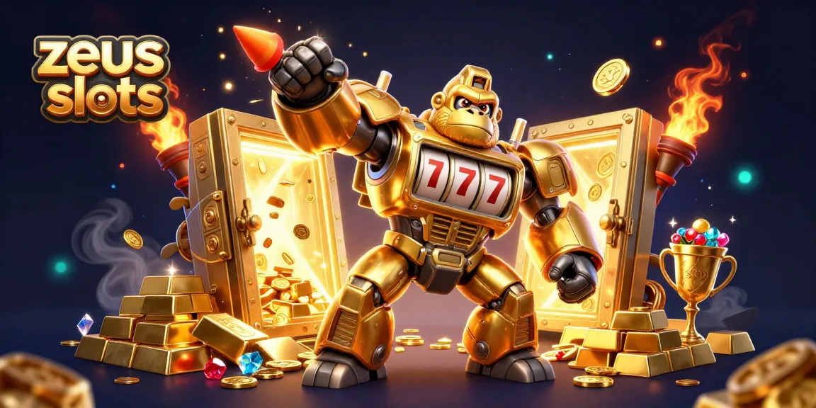 Experience thrilling zeus slots gameplay with a striking 3D illustration of slot machine characters and treasures.