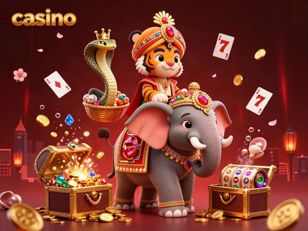 The casino illustration features a whimsical scene with a maharaja tiger, jewel-encrusted elephant, and a trained cobra, surrounded by floating slot reels and golden coins.