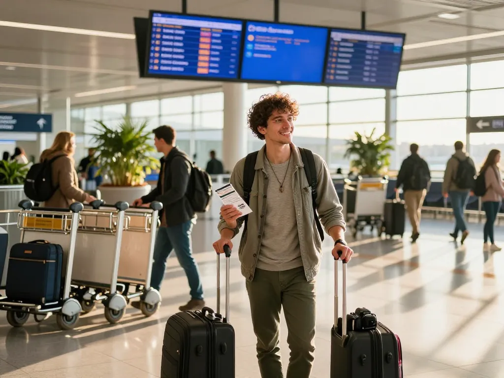 Excited traveler heading to Gatwick Airport from Halifax with boarding pass and luggage in modern airport setting.