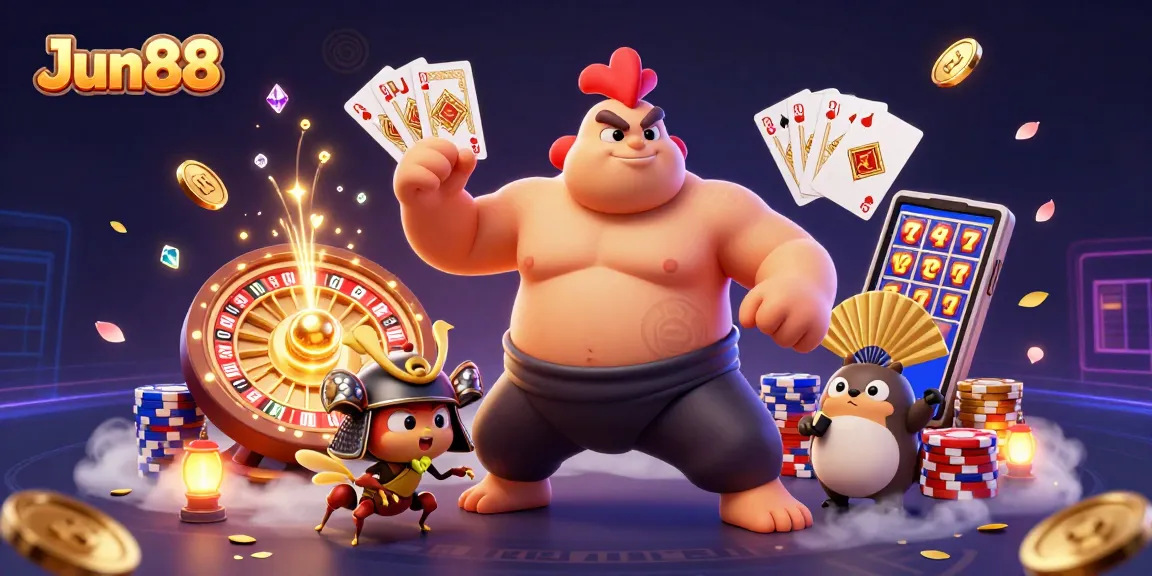Engage with Jun88's thrilling casino offerings in a vibrant 3D illustration filled with action and bonuses.