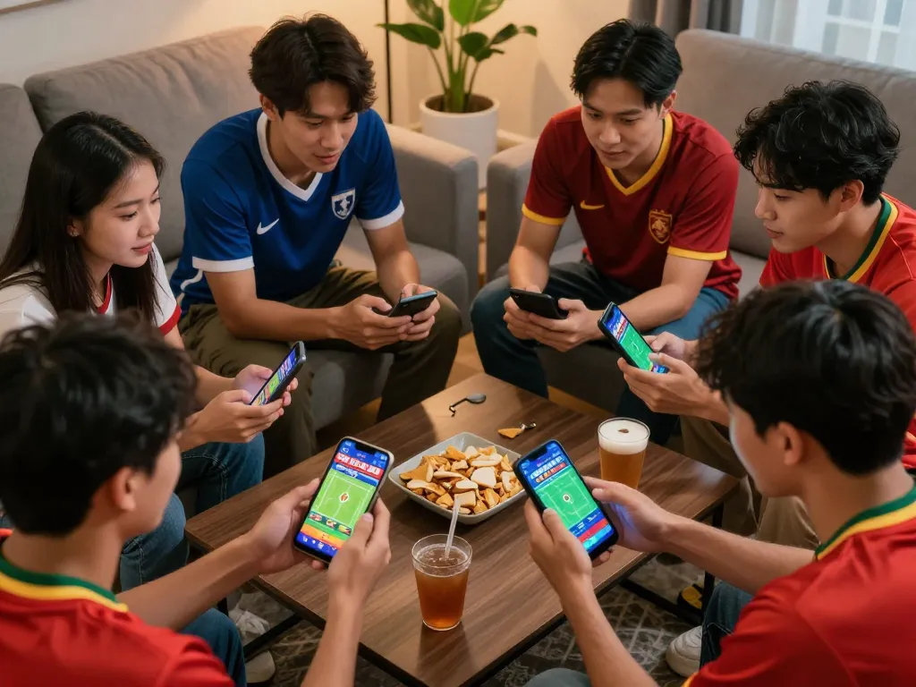Friends passionately engaging in sports betting using mobile apps focused on kèo nhà cái 5 strategies in a cozy living room.