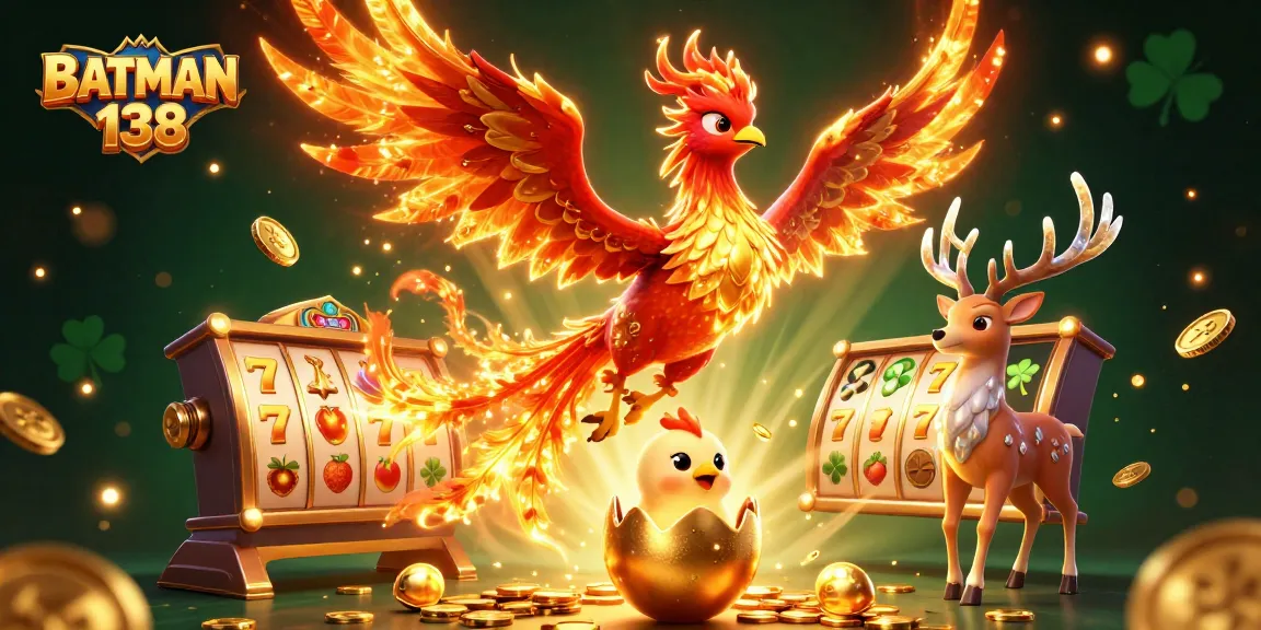 BATMAN 138 memikat pemain casino dalam suasana penuh warna, dengan simbol slot menang dan koin emas yang berkilau.