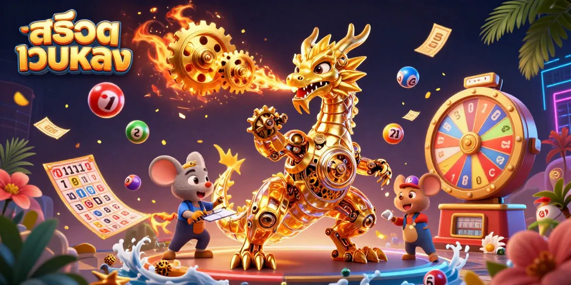 Experience excitement with สล็อตเว็บตรง in a vibrant 3D illustration featuring a golden dragon and colorful lottery elements.