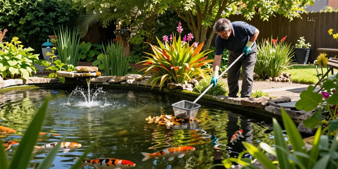 Pond Clean Sussex professional cleaning a lush backyard pond, showcasing aquatic plants and koi fish.
