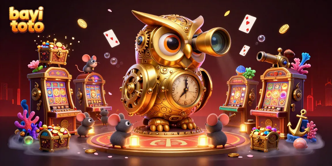 Experience the excitement of bayi toto with a golden owl scanning a lively casino scene filled with slot machines.