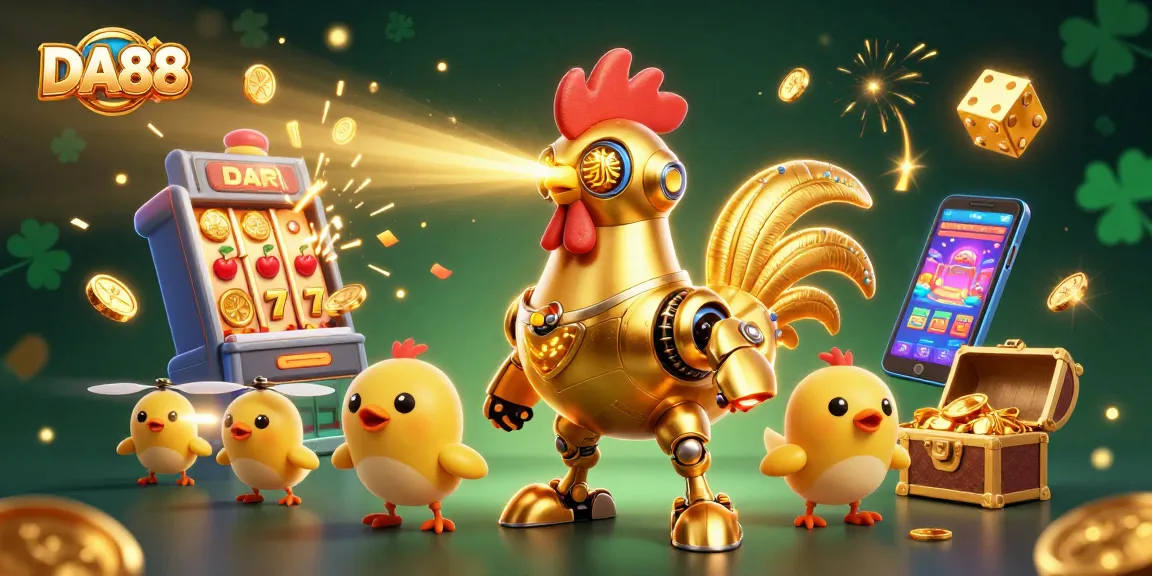 Engage DA88 players with a colorful casino scene featuring a golden rooster and multiple game elements.