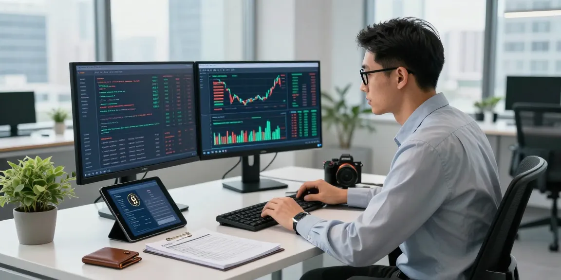 Expert analyzing financial data to recover stolen cryptocurrency, showcasing modern office dynamics.