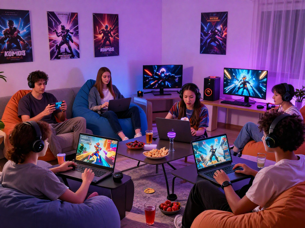 Engaged gamers playing sex games on multiple devices in a cozy, vibrant living room.