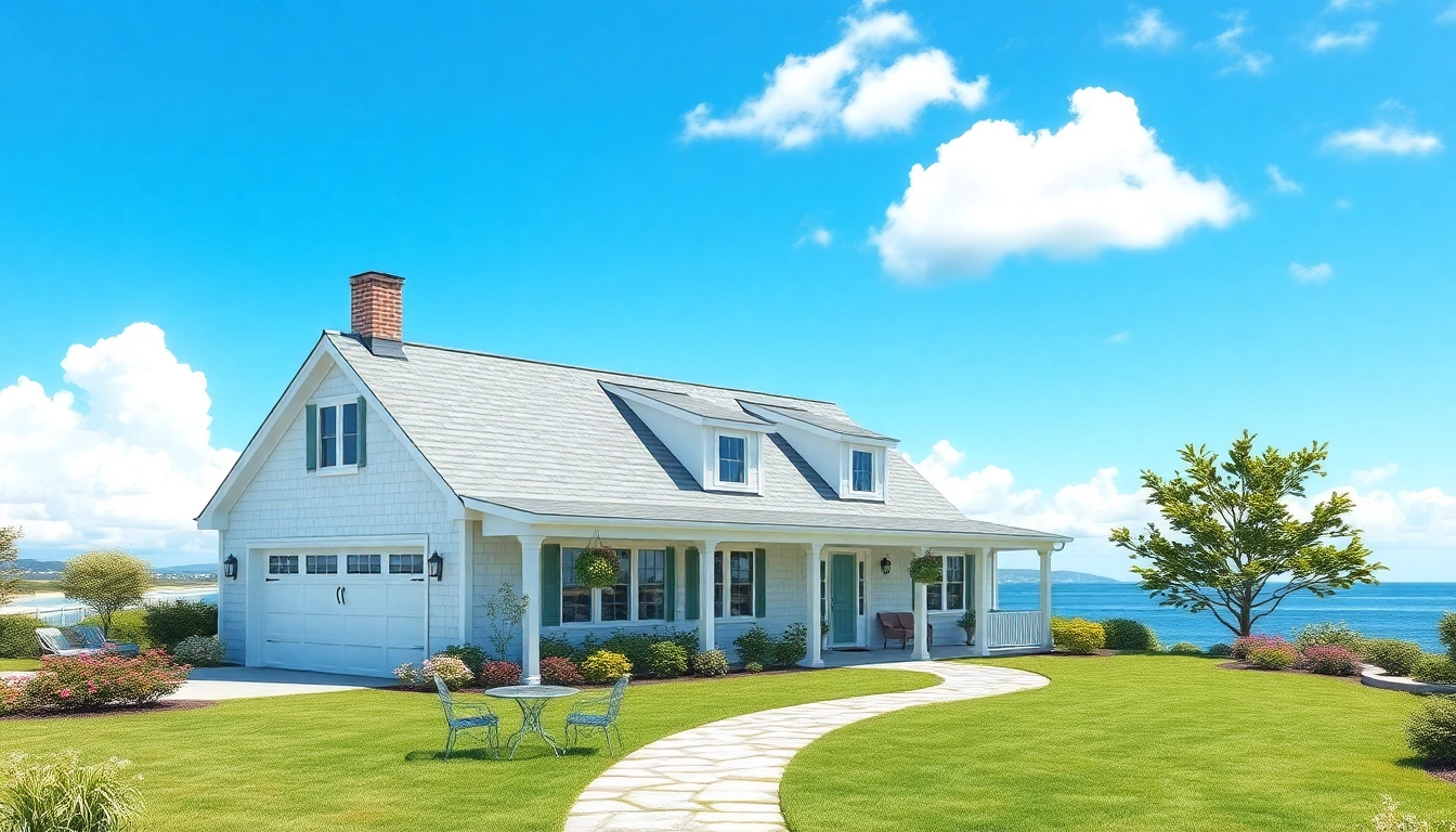 View of a captivating cape cod home showcasing an elegant attached garage amid a serene garden.