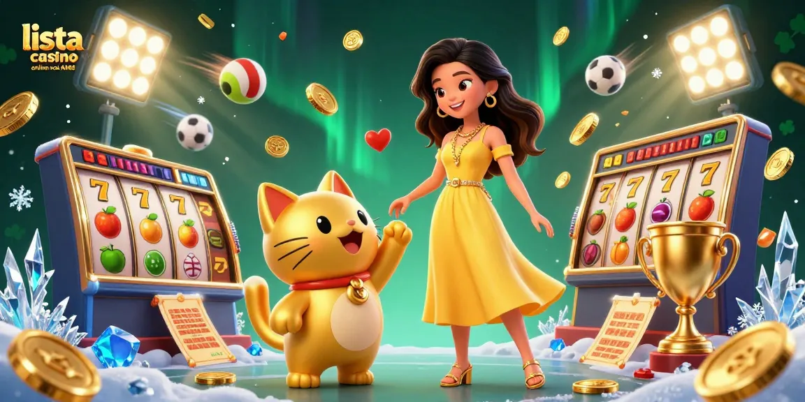 Interagisci con la lista casino online non AAMS che mostra una scena vivace di una donna felice e un gatto fortunato accanto a elementi di gioco emozionanti.