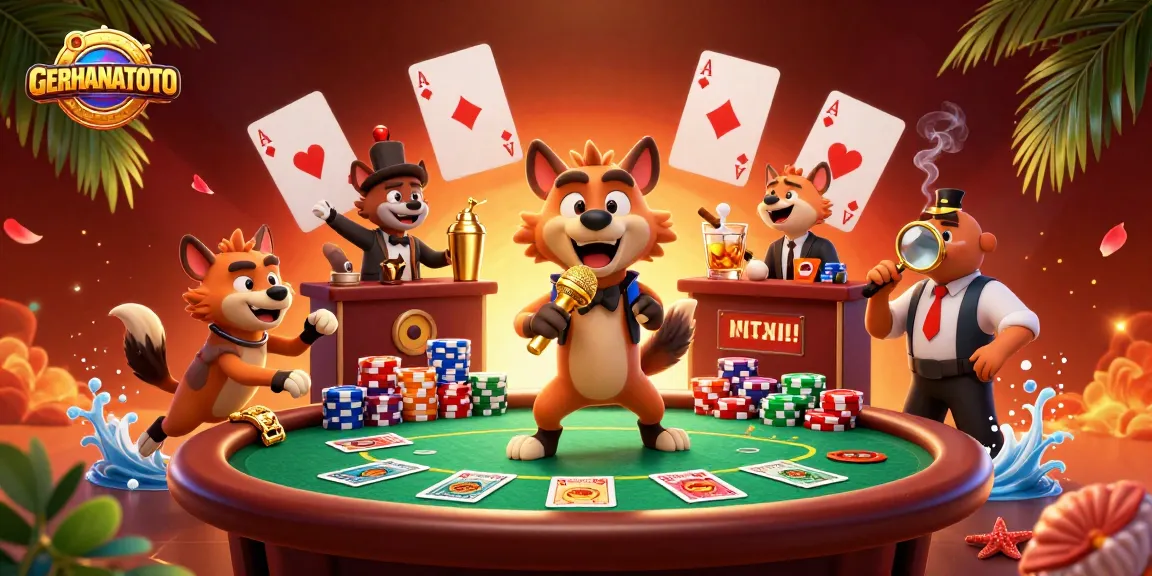 Menggali keseruan GERHANATOTO dengan kartun hyena di klub kasino, sambil menikmati permainan poker bersinar.