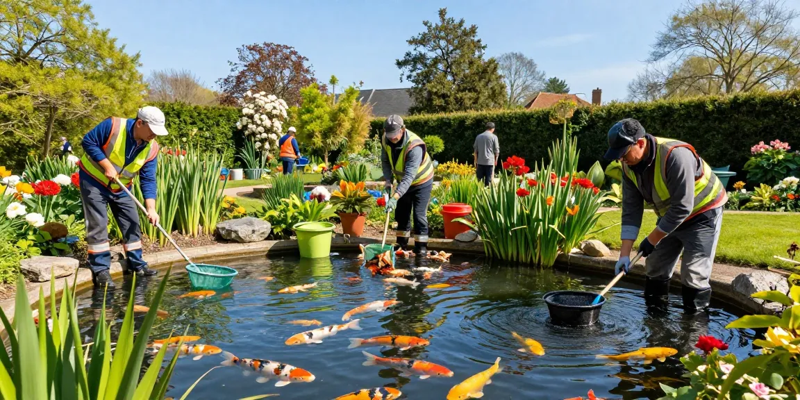 Professional Pond Cleaning Surrey team removing debris from a koi pond with lush greenery.