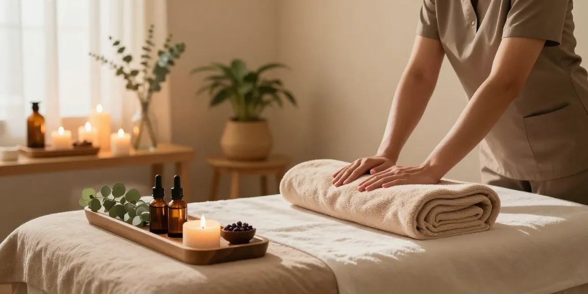 Soothing Swedish massage therapy environment with calming oils and soft linens