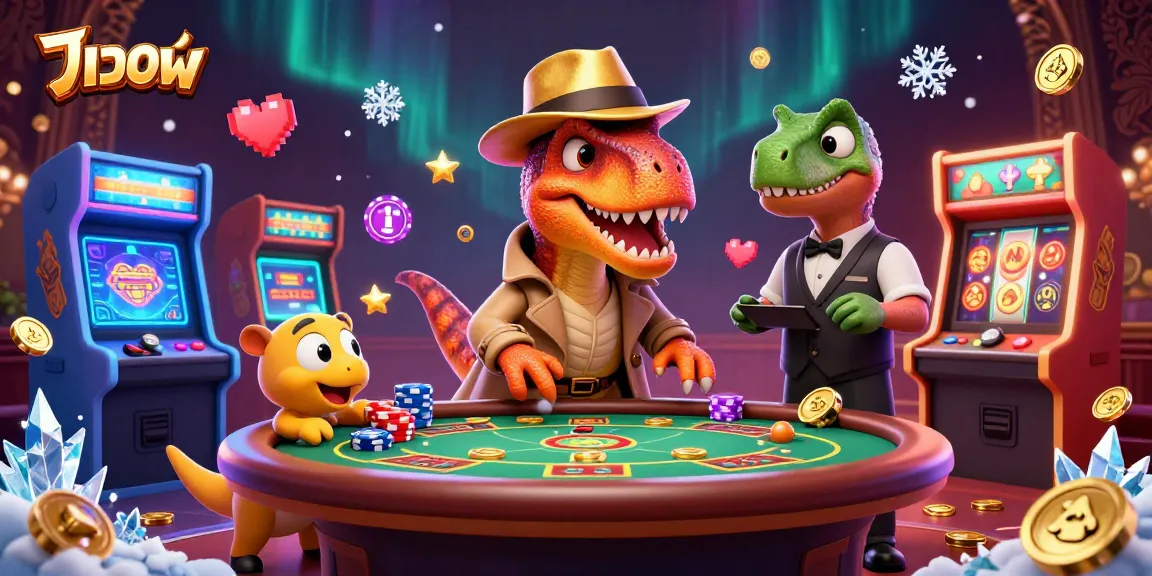 Experience แทงบอล action with a cartoon velociraptor card counter at a vibrant casino table.
