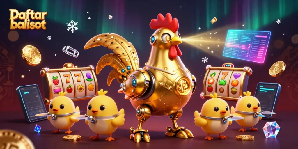 Engage with Daftar balisot slots featuring a golden rooster robot and lucky symbols.
