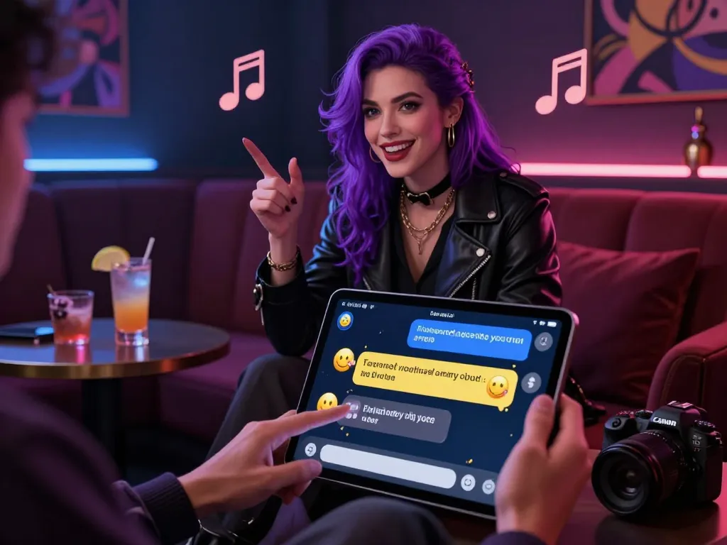Vibrant NSFW AI character engaging in interactive chat with user, showcasing immersive virtual lounge experience.