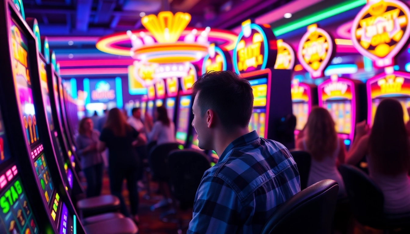 Menampilkan slot depo 1k yang mengasyikkan dengan permainan slot di kasino yang ramai dan ceria.
