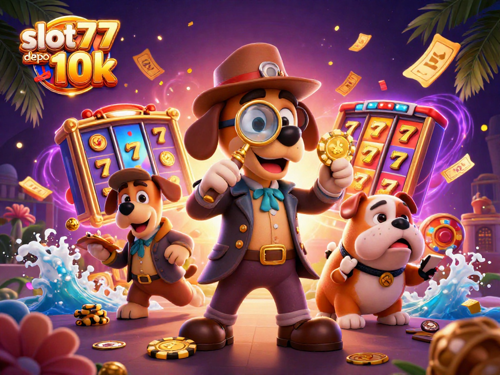 Experience excitement with slot777 depo 10k in a vibrant, dynamic casino illustration featuring colorful slot reels and golden lucky symbols.