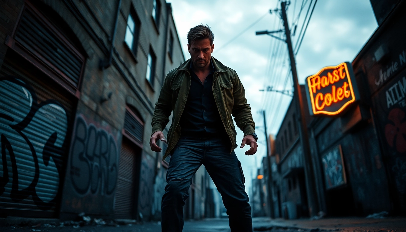 Dynamic hero exploring gritty alley, showcasing themes of strength like Reacher.