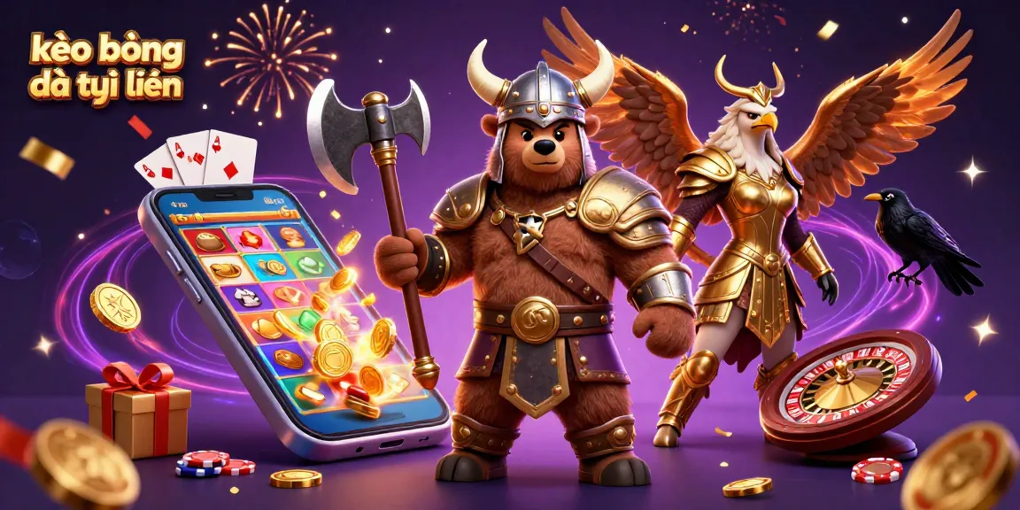 Place your bets with kèo bóng đá trực tuyến, featuring a vibrant 3D illustration of a Viking bear and eagle amidst exciting casino elements.