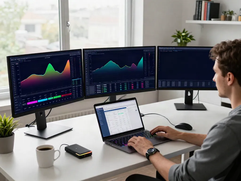 Low latency Indian stock feed trading setup with cryptocurrency charts and active portfolios in a modern office.