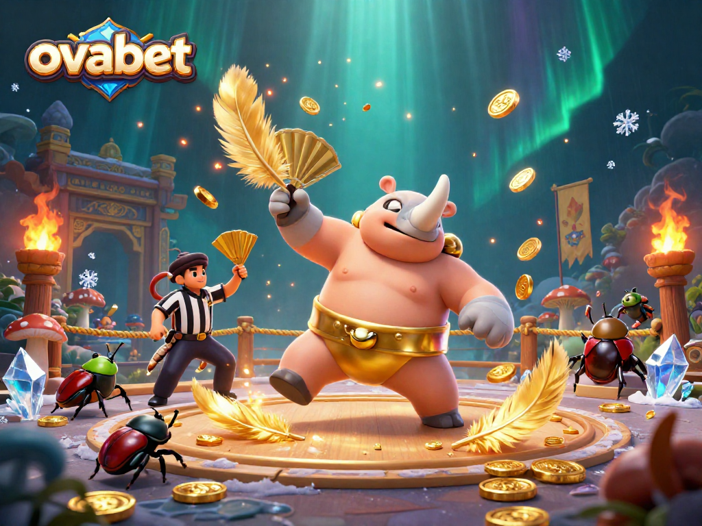 Join the fun at ovabet with a dynamic sumo wrestling scene featuring beetles and golden coins.