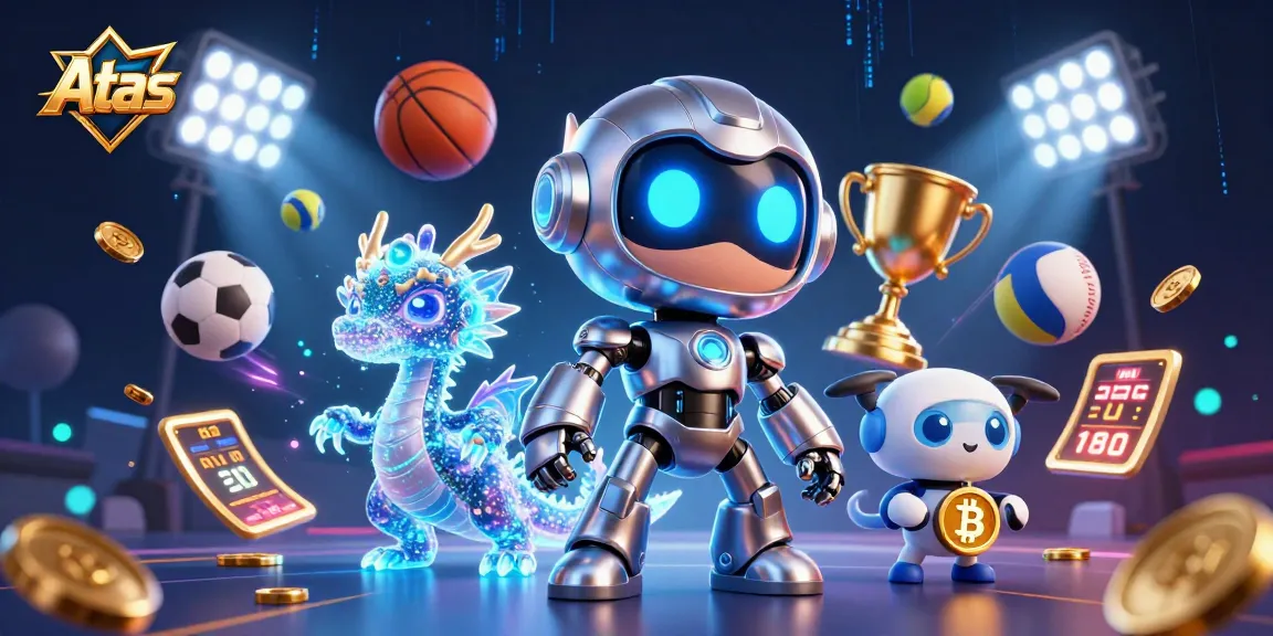 Atas Casino features a dynamic 3D illustration with a cyberpunk robot and holographic dragon amidst engaging sports betting elements.