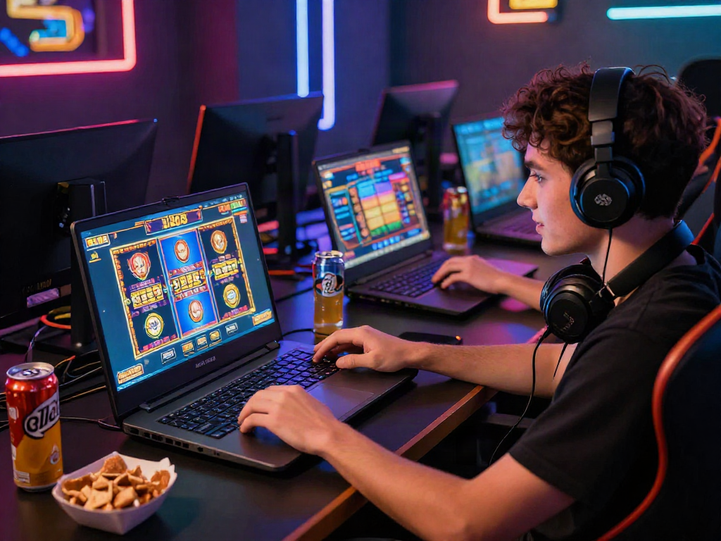 Player enjoying slot88 gaming experience on a laptop surrounded by snacks and gaming gear.