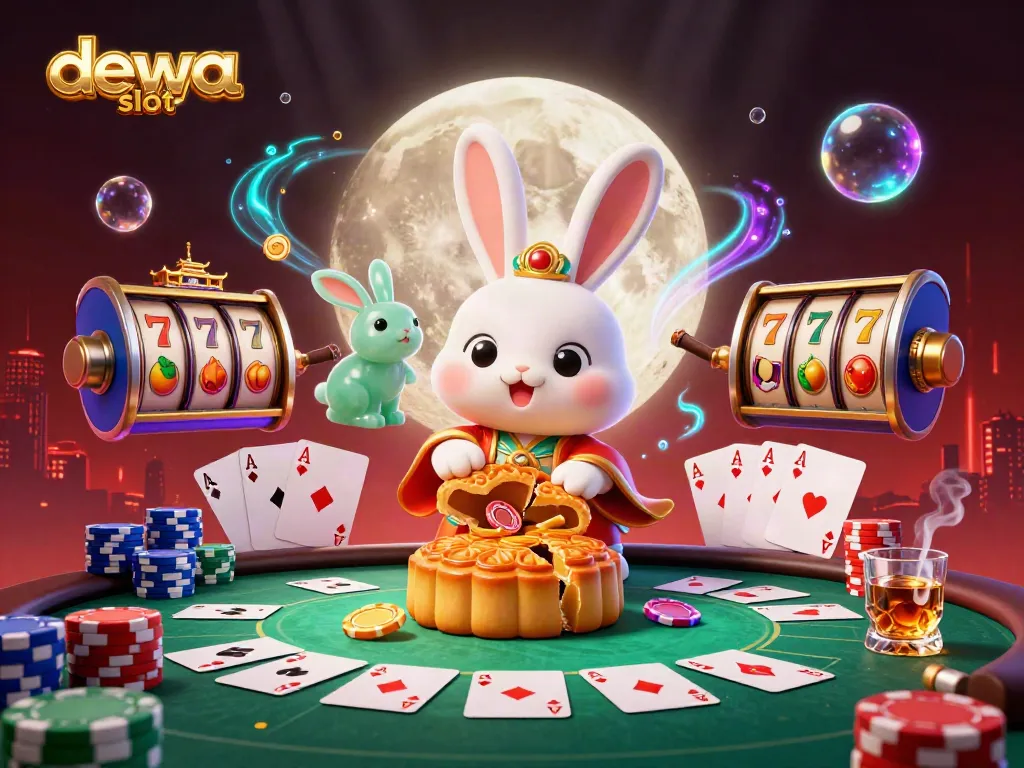 Memainkan dewa slot dengan karakter kelinci bulan dalam ilustrasi kasino yang berwarna-warni.