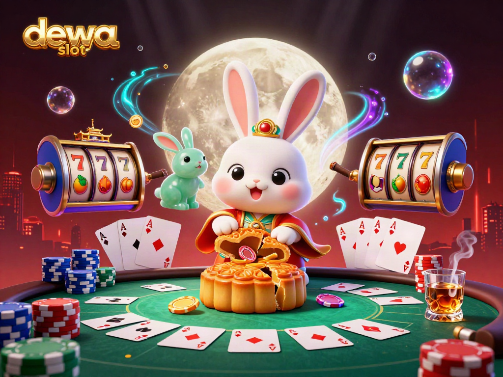 Memainkan dewa slot dengan karakter kelinci bulan dalam ilustrasi kasino yang berwarna-warni.