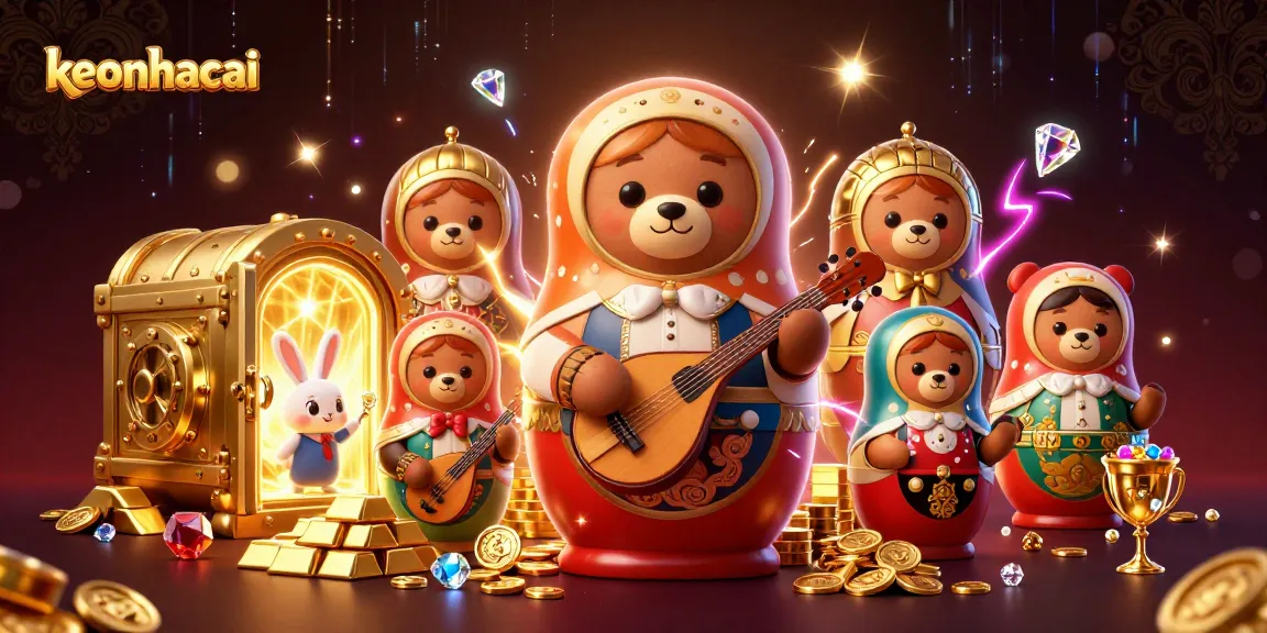 Engage with keonhacai through an elaborate casino-themed 3D scene featuring vibrant characters and treasures.