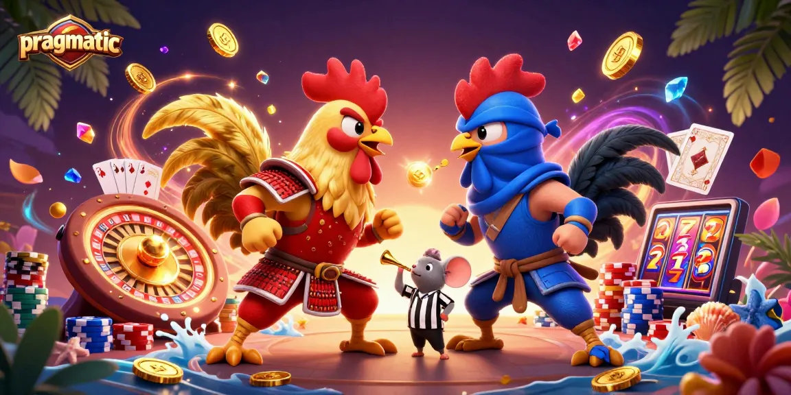 Engage with pragmatic gaming strategies through an intense rooster showdown in a vibrant casino scene.