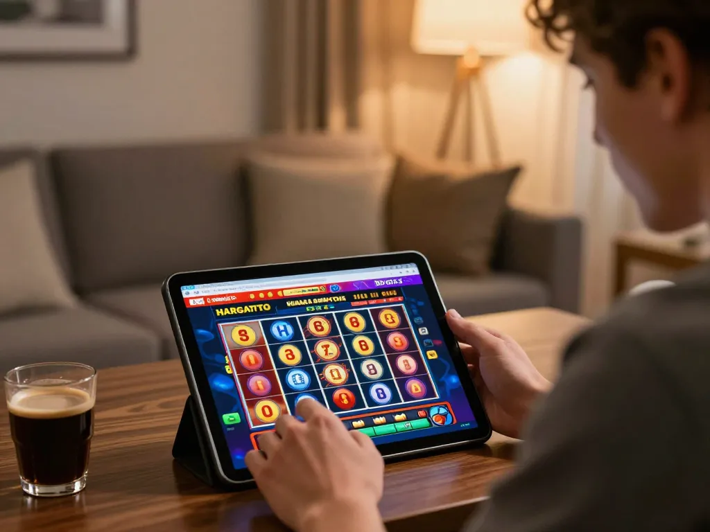 Play HARGATOTO online slots engagingly, showcasing vibrant gameplay in a cozy home atmosphere.