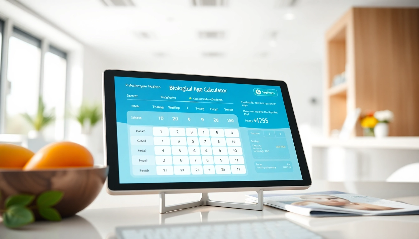 Engaging biological age calculator interface shown in a modern health clinic, promoting healthy living and wellness.